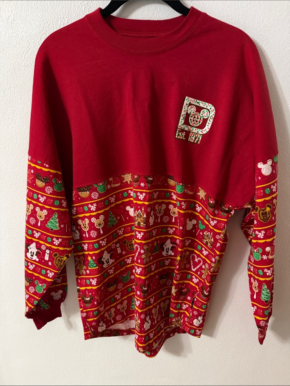Disney Red Crewneck Sweater with Holiday Character Stripe Print